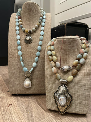 Image Title Ancient City - Blue Amazonite and Tibetan Silver Pearl Pendant