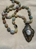 Ancient City - Knotted Amazonite Ovals with Tibetan Silver Pendant Ancient City - Knotted Amazonite Ovals with Tibetan Silver Pendant