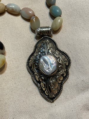 Image Title Ancient City - Knotted Amazonite Ovals with Tibetan Silver Pendant