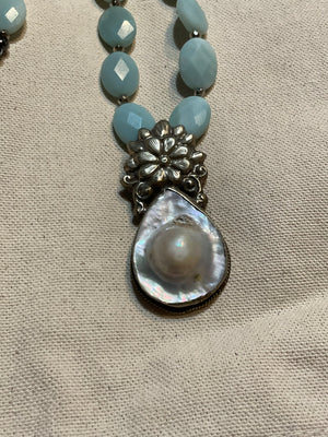 Image Title Ancient City - Blue Amazonite and Tibetan Silver Pearl Pendant