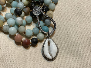 Image Title Ancient City - Matte Amazonite Wrap with Diamond Cowrie Shell Pendant