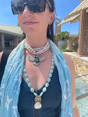 Image Title Ancient City - Blue Amazonite and Tibetan Silver Pearl Pendant