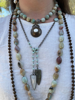Image Title Ancient City - Knotted Amazonite Ovals with Tibetan Silver Pendant
