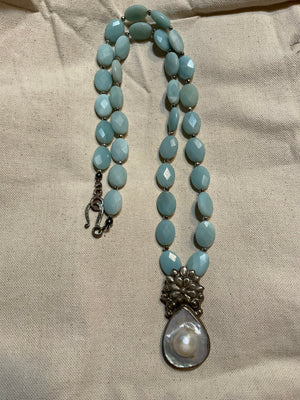 Ancient City - Blue Amazonite and Tibetan Silver Pearl Pendant