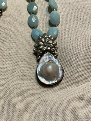 Ancient City - Blue Amazonite and Tibetan Silver Pearl Pendant