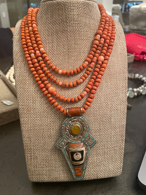 Custom Designs: Coral necklace with Tibetan pendant and labradorite clasp